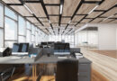 Wooden floor open office interior with panoramic windows and a rectangular ceiling pattern. Close up. 3d rendering mock up